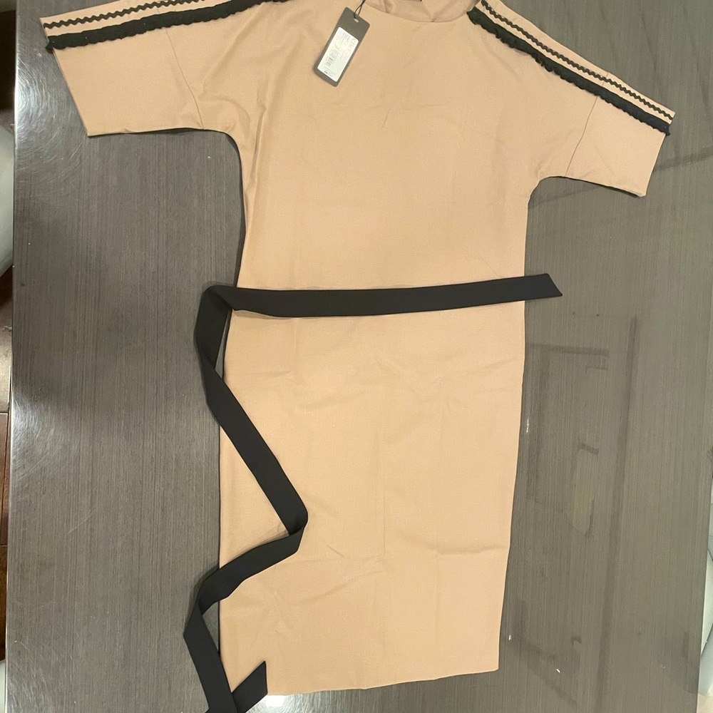 Tan pencil midi dress, size 6, with detailed black embroidery on the sleeves